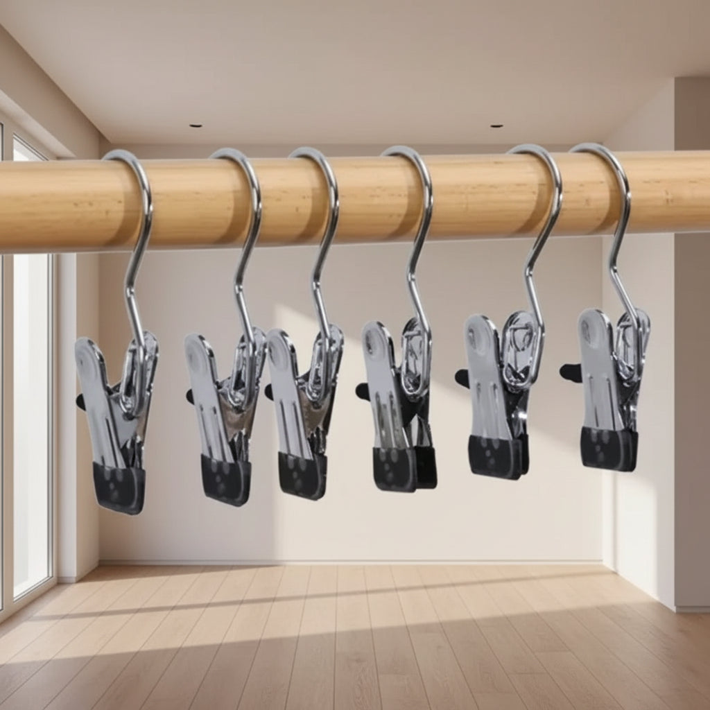 Set of 10 stainless steel cloth hangers with clips from 35561, ideal for organizing clothes and accessories.