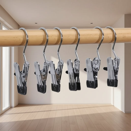Set of 10 stainless steel cloth hangers with clips from 35561, ideal for organizing clothes and accessories.
