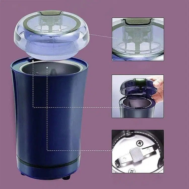Electric coffee grinder by 1238 in a random color, compact kitchen appliance for fresh coffee grounds.