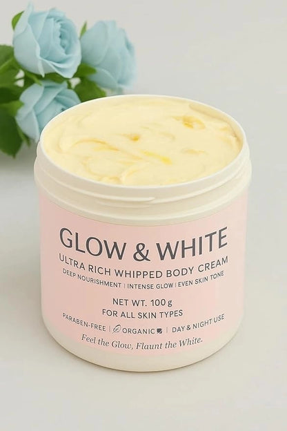 Two bottles of 35930 Glow & White cream suitable for all skin types, displayed side by side on a neutral background.