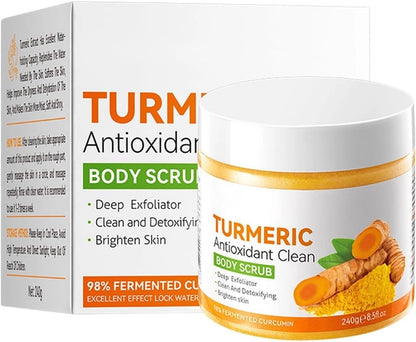 Creamy turmeric and citrus body scrub by Dropship India, featuring a textured, aromatic blend in a clear jar.