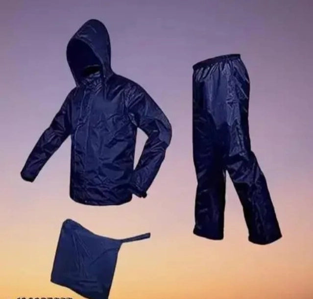 Men's navy blue polyester full sleeves rainsuit set, raincoat with full sleeves, size M, by 18594.
