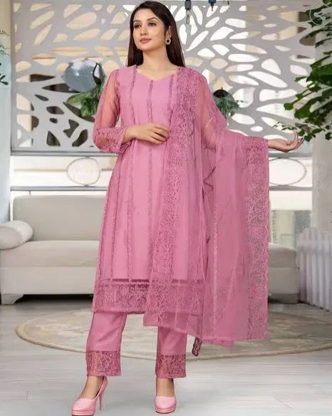 Elegant women's kurta set with matching dupatta and bottomwear from brand 15801, featuring intricate embroidery and vibrant colors.