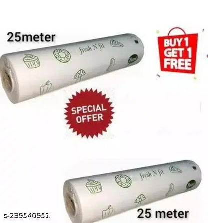 Two rolls of 7742 food wrapping butter paper, 25 meters each, displayed on a kitchen counter with a roll partially unwrapped.