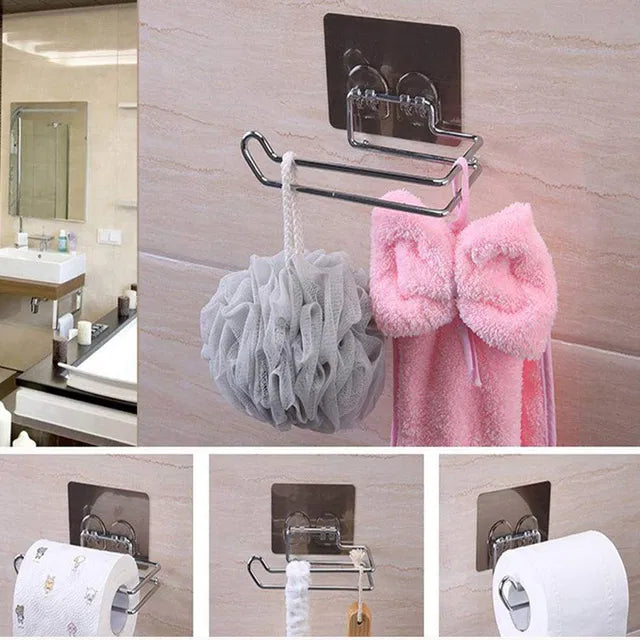 Stainless steel wall mount self-adhesive toilet paper holder with napkin holder design, branded 19357, mounted on bathroom wall.