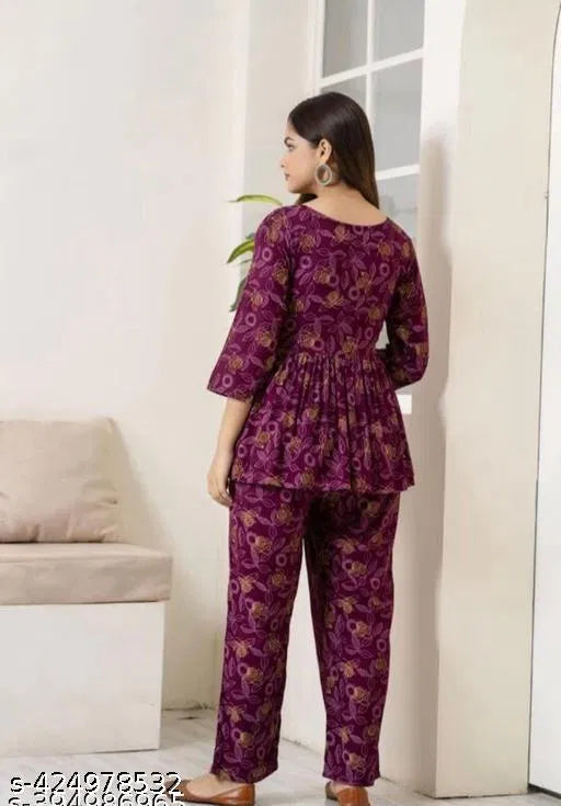 Women's printed co-ord set featuring a stylish kurti with vibrant patterns, perfect for casual and festive occasions.