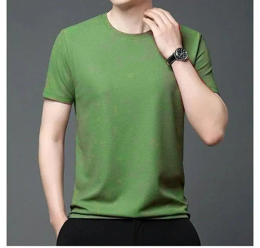 Pack of four 1238 men's polyester stretchable solid half-sleeve round neck T-shirts, comfortable and casual for everyday wear.