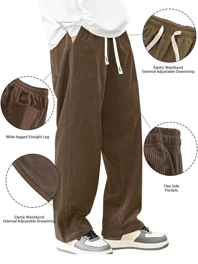 Boys corduroy casual pants with wide-leg fit, elastic waistband, drawstring, straight style, in a loose, comfortable design.