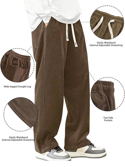 Boys corduroy casual pants with wide-leg fit, elastic waistband, drawstring, straight style, in a loose, comfortable design.
