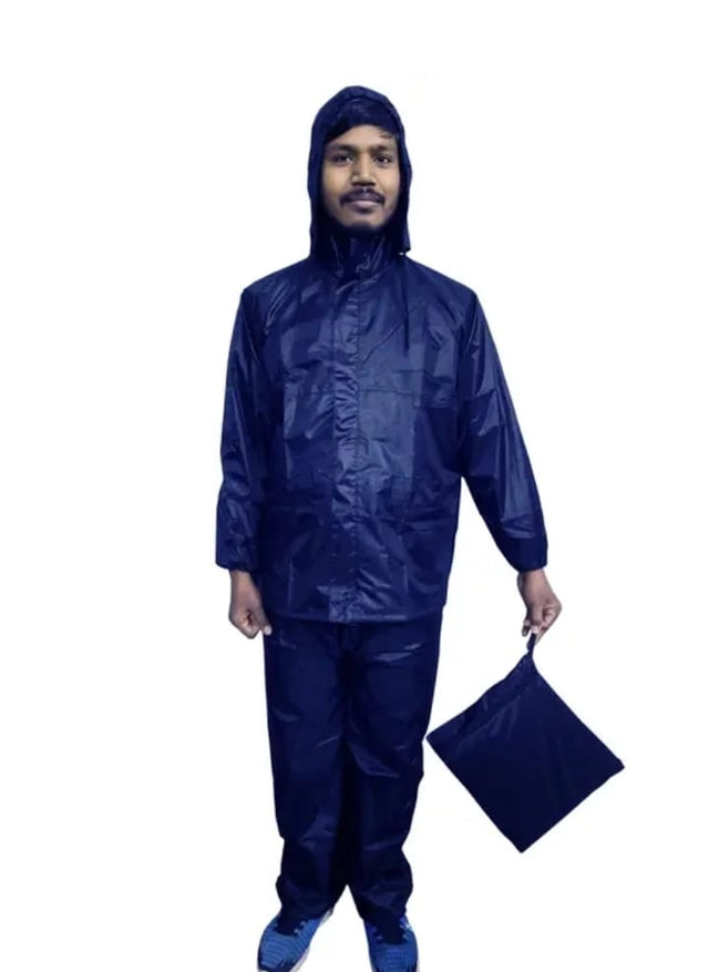 Navy blue men's polyester full sleeves rainsuit set by 18594, featuring a raincoat with full sleeves and matching pants.