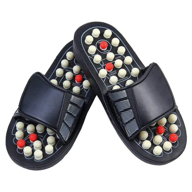 Spring acupressure and magnetic therapy yoga padukas slippers with textured soles and adjustable straps for comfortable foot support.