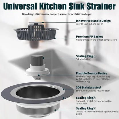 3-in-1 sink drain strainer by 18279, featuring a stainless steel and silicone design to catch debris and prevent clogs.