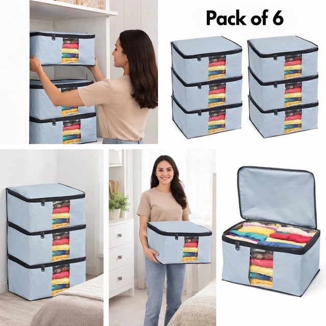 Pack of six 30802 foldable saree covers with transparent windows and zippers for clothes storage and wardrobe organization.