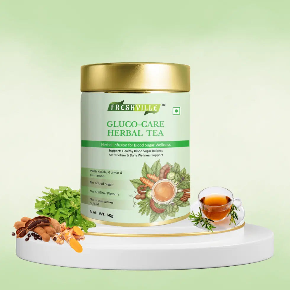 Herbal tea pot labeled Gluco Care Herbal Tea in a ceramic teapot, ideal for brewing herbal tea, with a simple, elegant design.