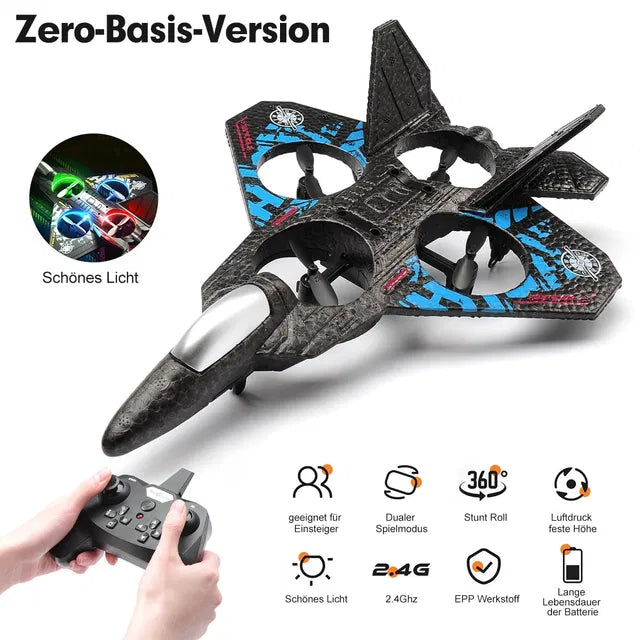 RC plane jet fighter quadcopter from 4356 with remote control, electronic toy aircraft for aerial flight and flying fun.