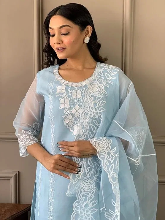 Women's kurta set with matching dupatta and bottomwear, stylish and comfortable, featuring intricate design details.