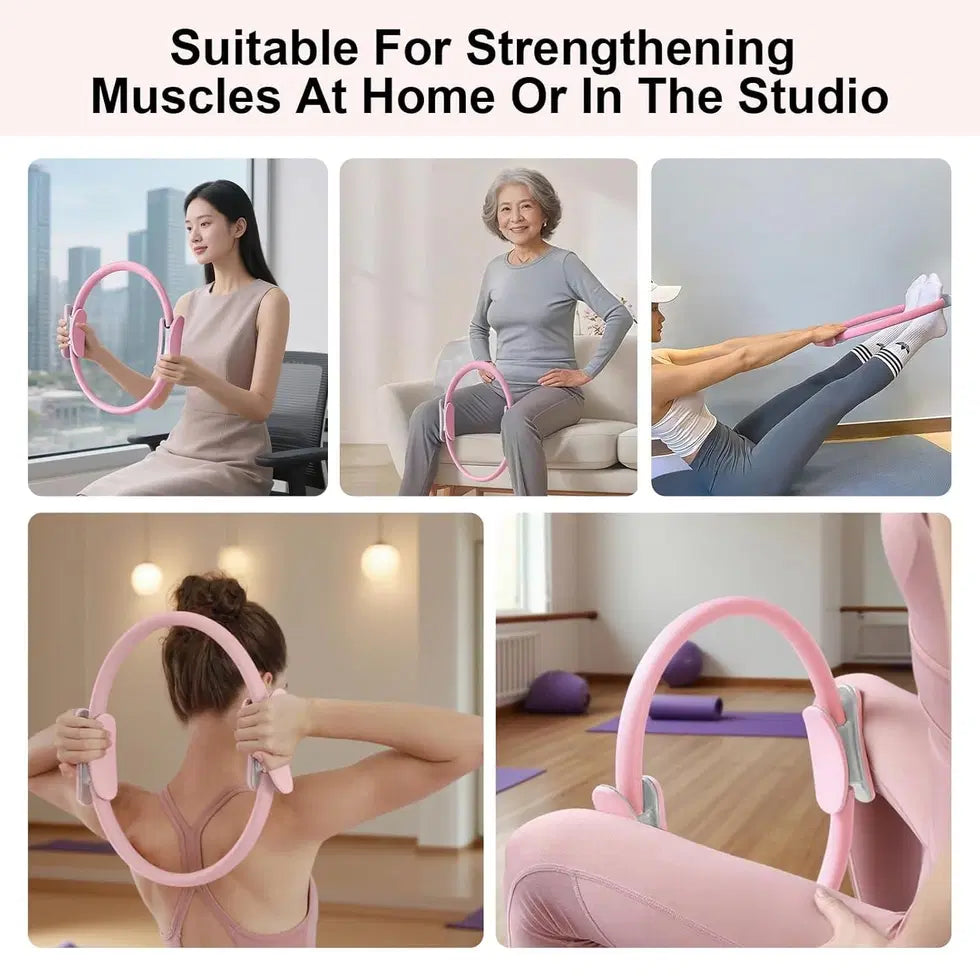 Pink exercise Pilates ring from 1238, showing its circular shape and padded handles for core and muscle workouts.