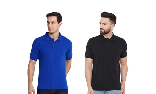 Men's solid polo neck cotton T-shirts, pack of 2, casual active wear by 14398, featuring classic polo collar and comfortable fit.