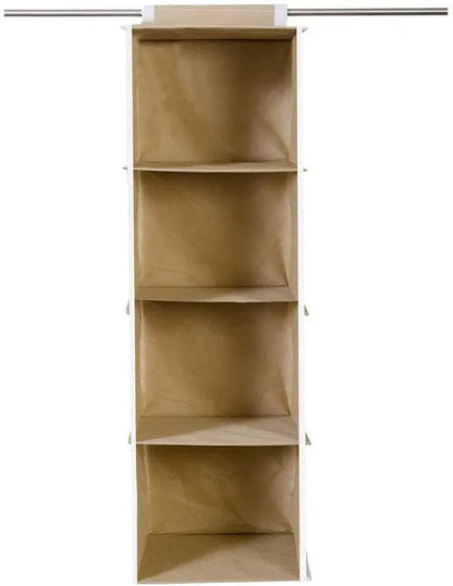 Hanging cloth organizer with four shelves for wardrobe storage, featuring multiple compartments for clothes and accessories.
