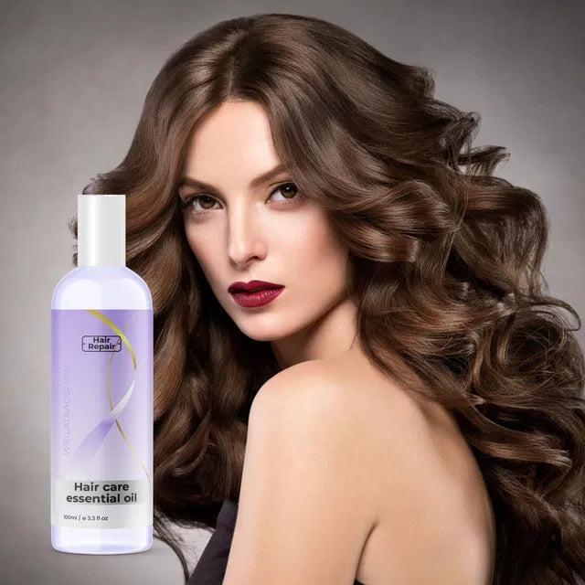 Hair curler with 16182 Hair Repair Essential Oil bottle, showcasing a 100ml container and the curling device in use.