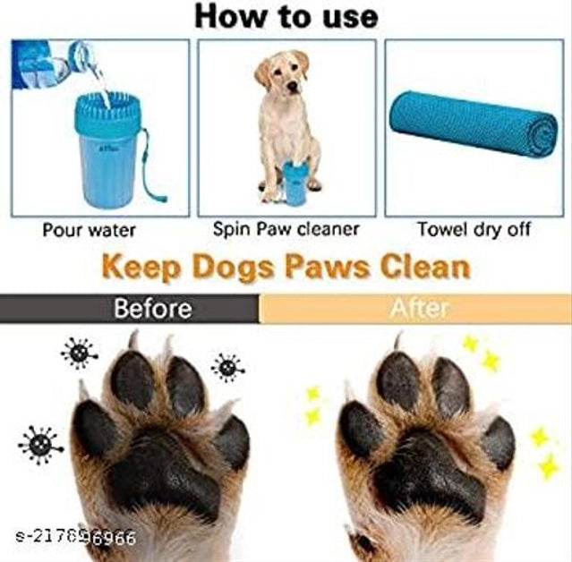 Multicolor dog foot washer from 15929, designed for cleaning pets' paws, shown with water and foam in a pet bed setting.
