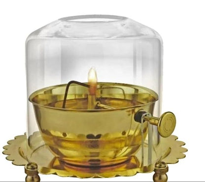 Akhand Diya lamp with adjustable wick, glass enclosure, traditional diya lamp for festive lighting, by 25960.