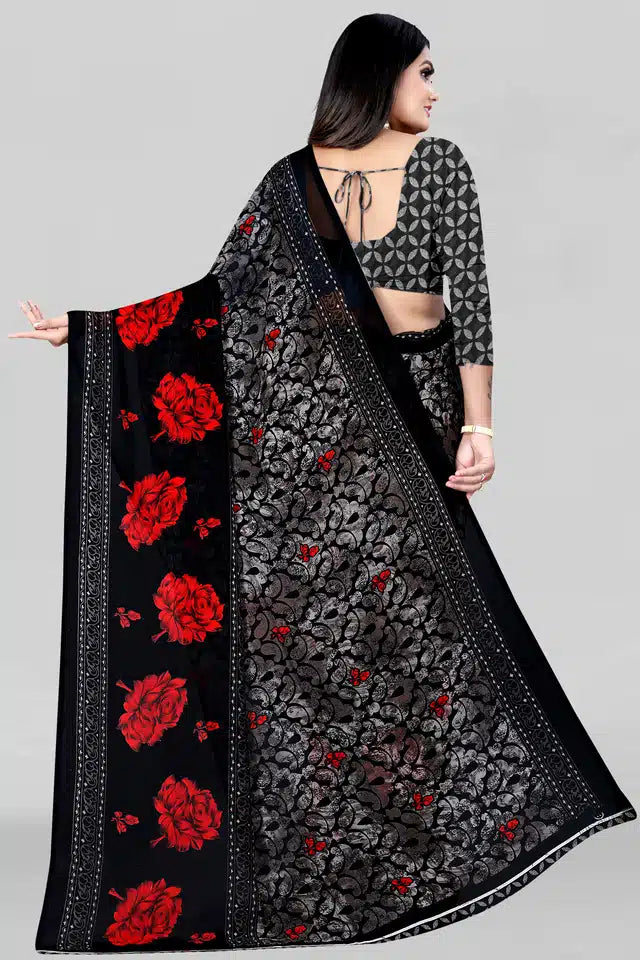 Black printed women's saree with intricate design, 5.95 meters long, from the 13452 collection, showcasing its elegant drape and pattern.