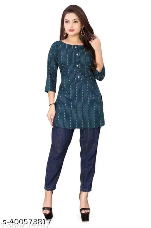 Navy blue cotton solid short kurti for women, size small, featuring a simple and comfortable design.