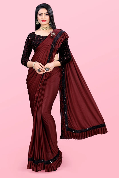 Maroon lycra blend solid saree for women, 6.3 meters, featuring a smooth drape and elegant design.
