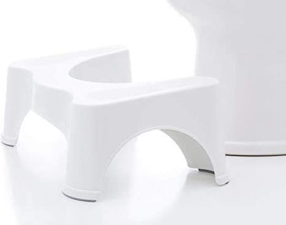 Comfortable white squat stool for western toilets, with a toilet seat cover, designed for ergonomic support and easy use.