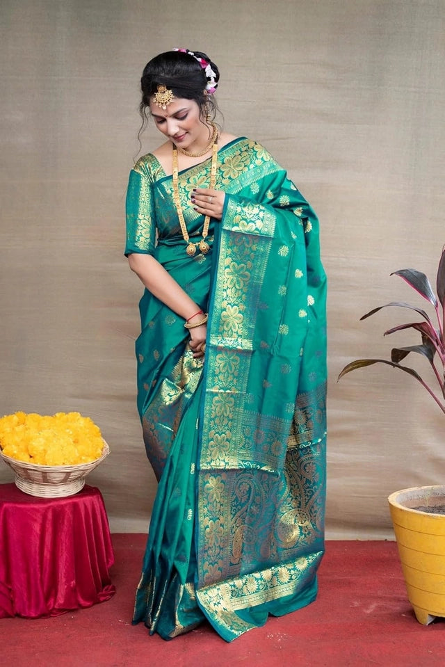 Royal blue Banarasi silk embellished saree for women, 6.3 meters, featuring intricate gold embroidery and traditional craftsmanship.
