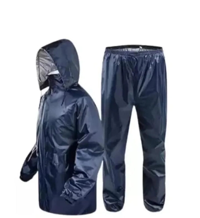 Navy blue polyester men's full sleeves rainsuit set, raincoat with hood and matching pants, size large, by 18594.
