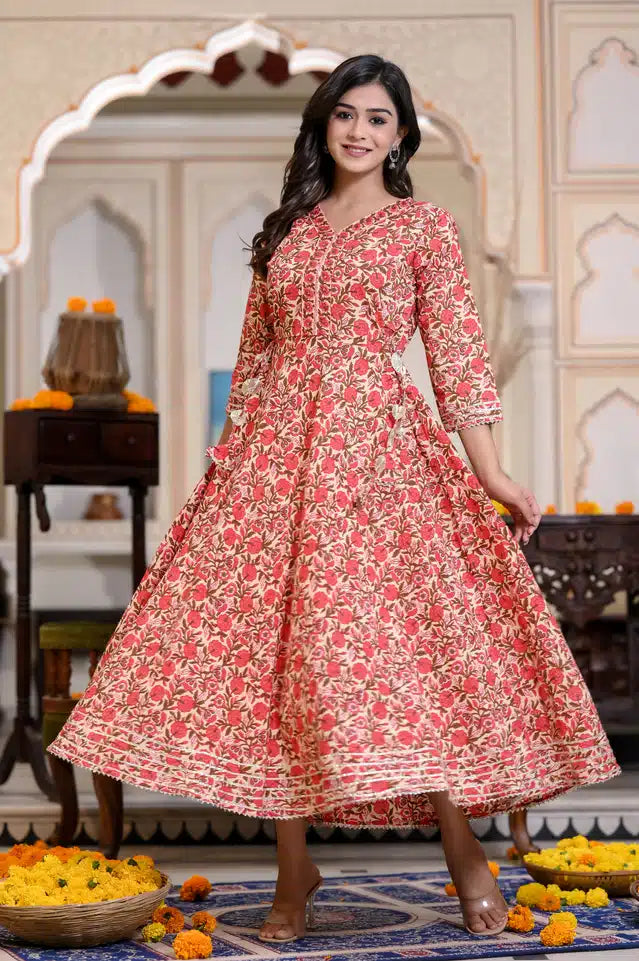 Red cotton printed Anarkali Kurti for women with intricate patterns, stylish design, and comfortable fit from 5873 brand.