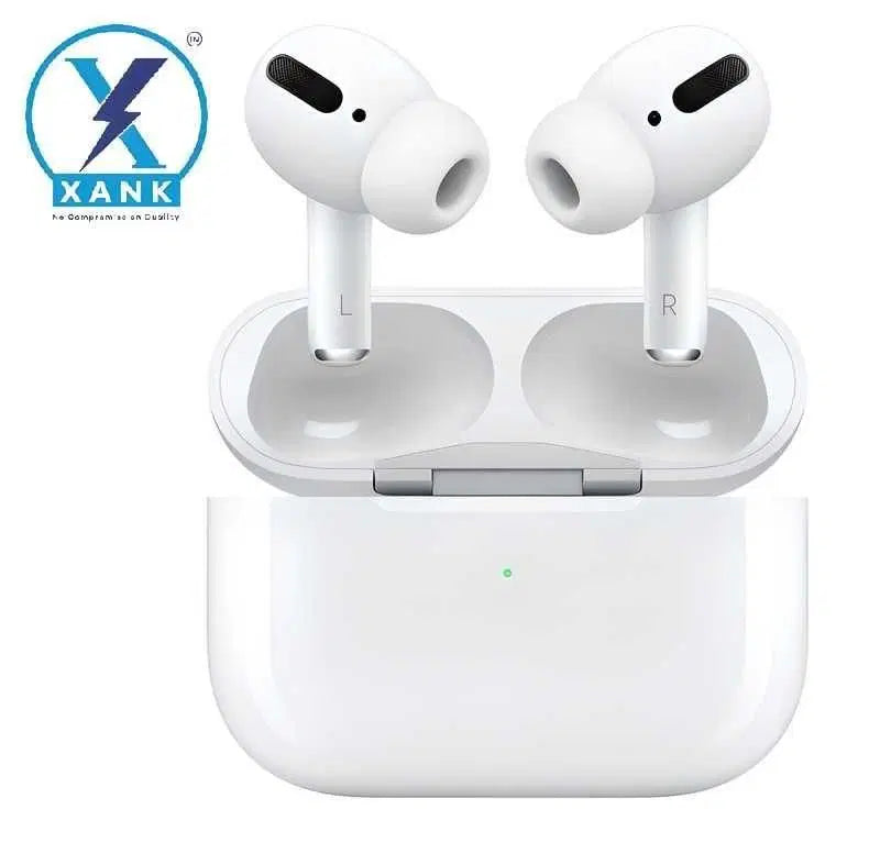 White 1238 AirPods Pro with wireless charging case and sensor-enabled Bluetooth earbuds, true wireless earbud set.