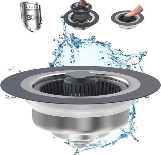 3-in-1 sink drain strainer by 18279, showing a close-up of the stainless steel multi-function drain filter for kitchen sinks.