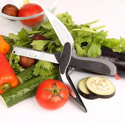 Clever Cutter 2-in-1 Food Chopper with built-in graters and slicers, featuring a compact, ergonomic design for efficient food prep.