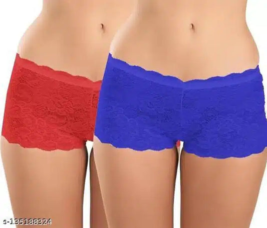 Set of two women's briefs in red and blue by 8588, featuring comfortable net fabric and a relaxed fit in size large.