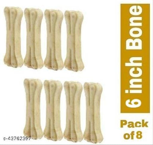 Rawhide bone treats for pets, pack of 8, featuring natural rawhide bones in a pet bed setting, ideal for chewing and comfort.