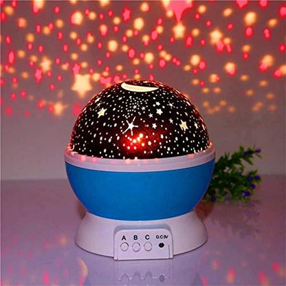 Star Master Projector Night Lamp by 18281, showing a starry night projection on a wall with the lamp turned on.