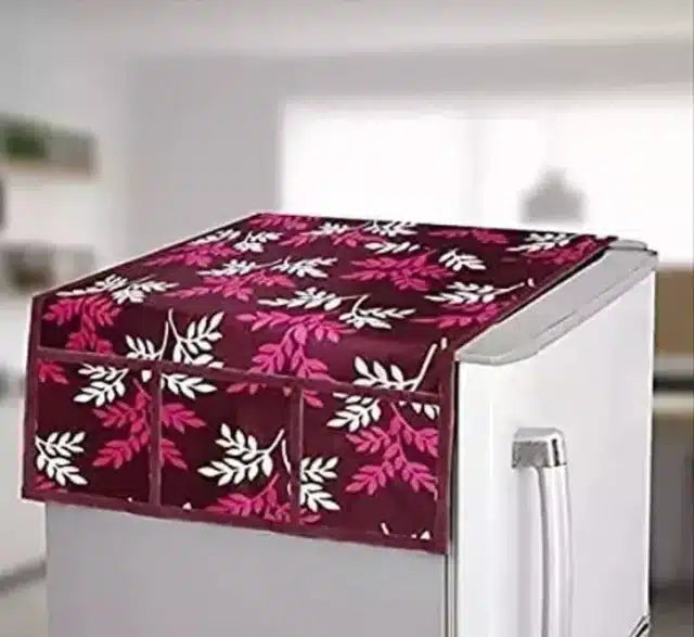 Knit printed fridge mat set with top cover in wine color, includes four pieces for kitchen fridge protection and decoration.