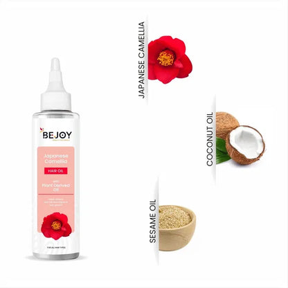 Bejoy Japanese Camellia Baby Hair Oil 150ml pack of 2, showing the bottles with Japanese-inspired labels and clear liquid content.