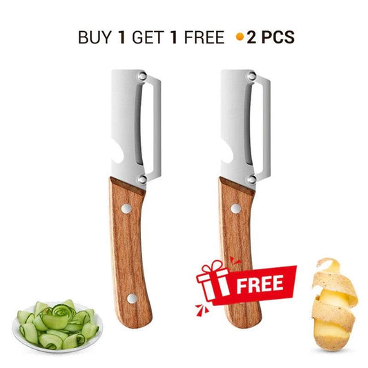 Zero Snag wooden peeler for kitchen, two-pack of multifunctional fruit and vegetable peelers with ergonomic handles.