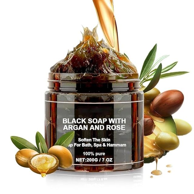 Black soap with argan and rose, deep cleansing shaving soap by 19335, shown in a natural soap bar image with rich texture.
