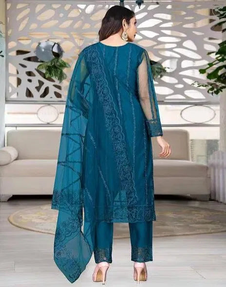 Women's Kurta set with matching dupatta and bottomwear, featuring intricate embroidery and vibrant colors, by 15801.