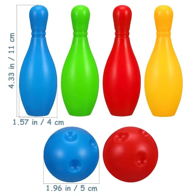 Two bowling balls and ten pins from the 16703 bowling set, ready for indoor 10-pin bowling gameplay.