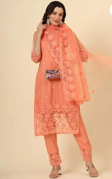 Elegant women's kurta set with matching dupatta and bottomwear from brand 15801, featuring traditional design and vibrant fabric.