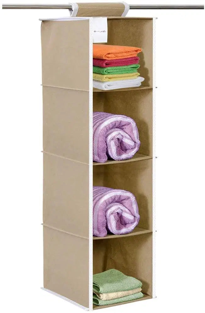 Hanging cloth organizer with four shelves in a wardrobe, made by 1238, for storing clothes and accessories efficiently.
