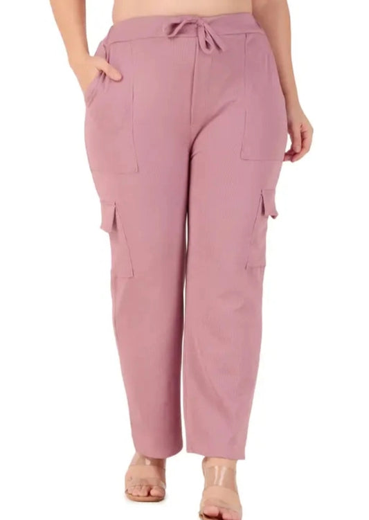 Peach cotton blend straight fit women's trousers with pockets, made by 18594, styled for casual or office wear.