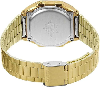 Casio unisex men's digital watch with black band and digital display, showing time and date on a sleek, modern design.