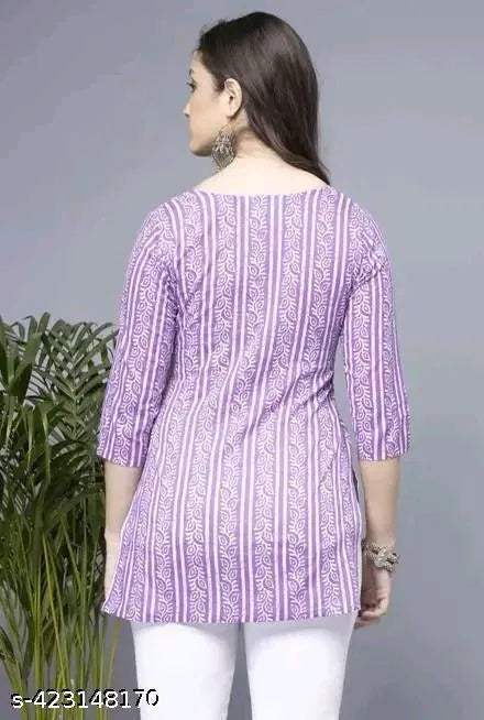 Lavender short cotton kurti for women with stylish design, featuring a comfortable fit and traditional Indian embroidery.